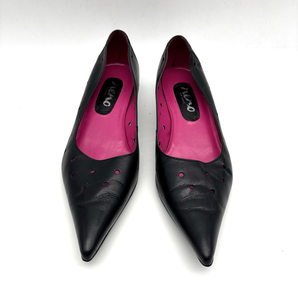 1980s San Reno 'KATI' Black Holey Leather Point Toe Kitten Heel Pump 6.5B Brazil - Picture 4 of 15